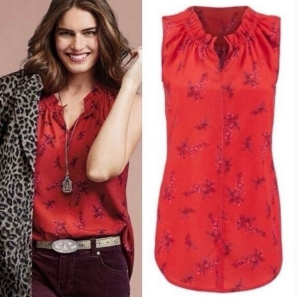 CAbi Red Sprig Floral Ruffle Neck Blouse